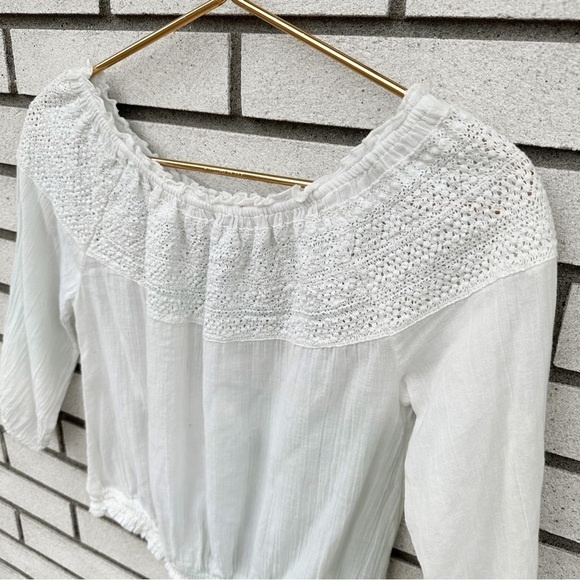 Aerie Off Shoulder Ivory Crochet Boho Peasant Top Smocked Waist 3/4 Sleeve XS - Picture 3 of 11